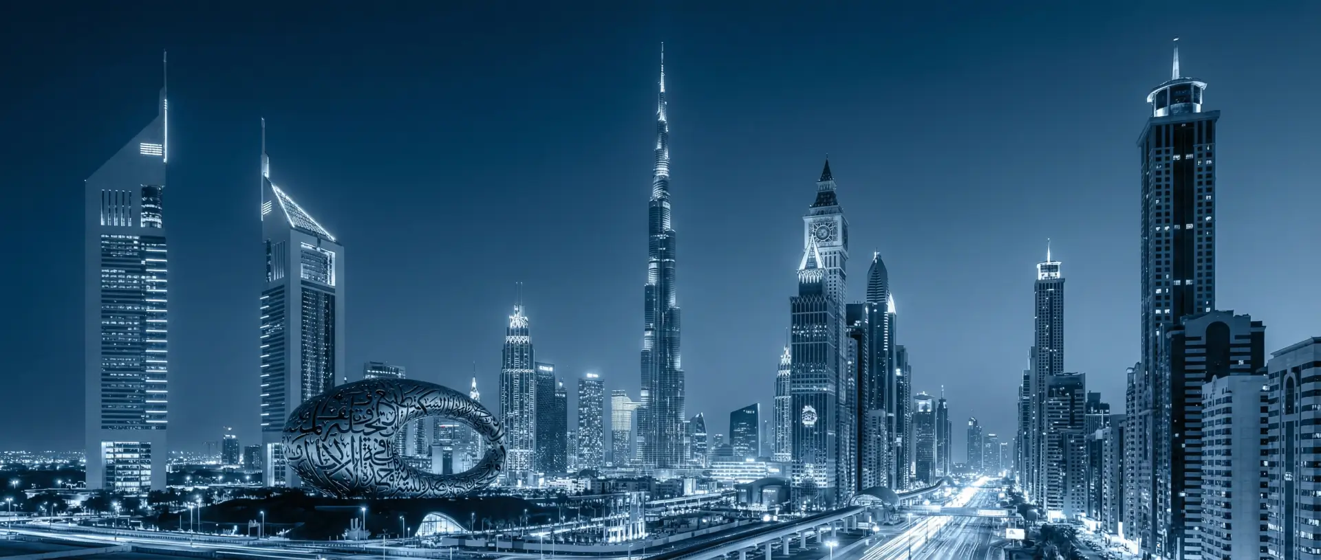 Blue-toned global skyline used as strategic visual context.