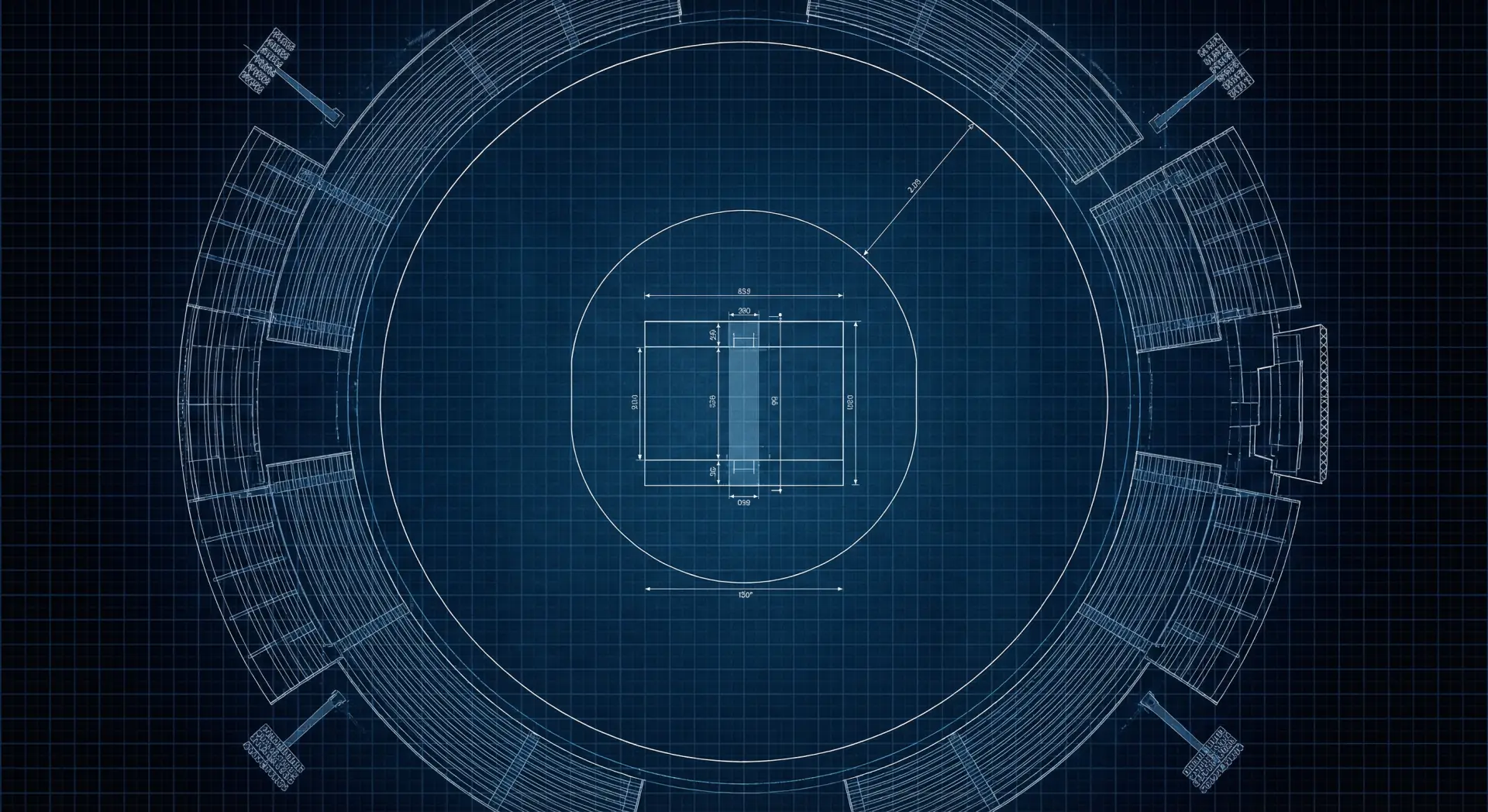 Top-down cricket pitch with blueprint-style grid overlay.